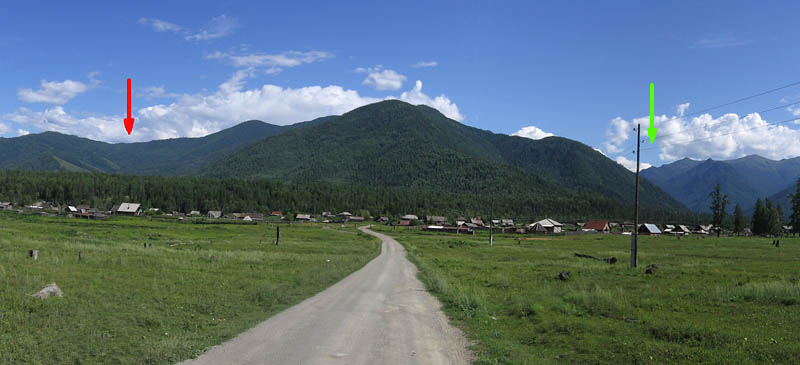 Деревня Кучерла. Красная стрелка - перевал Кузуяк, Зеленая - ущелье Кучерлы.